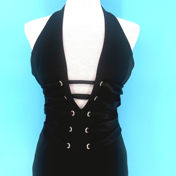 Niki by Niki Livas Black Y2K Halter Mermaid Gown V-Neck Goth Witchy Size 6 - Picture 4 of 9